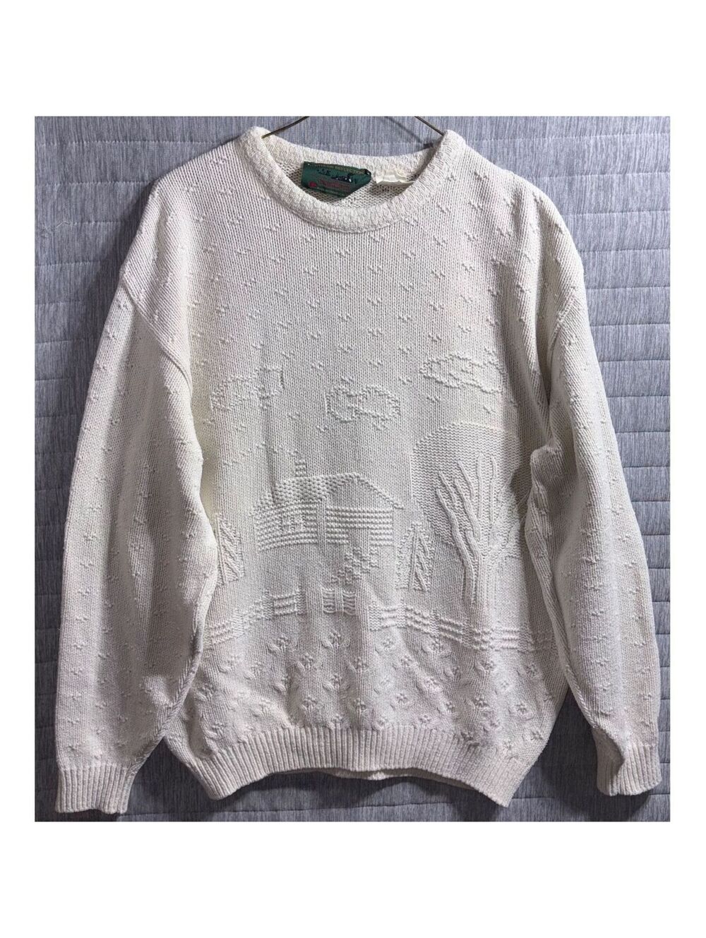 Northern Reflections Cream Knit Sweater Men's Medium Vintage Farm Scene Cottage